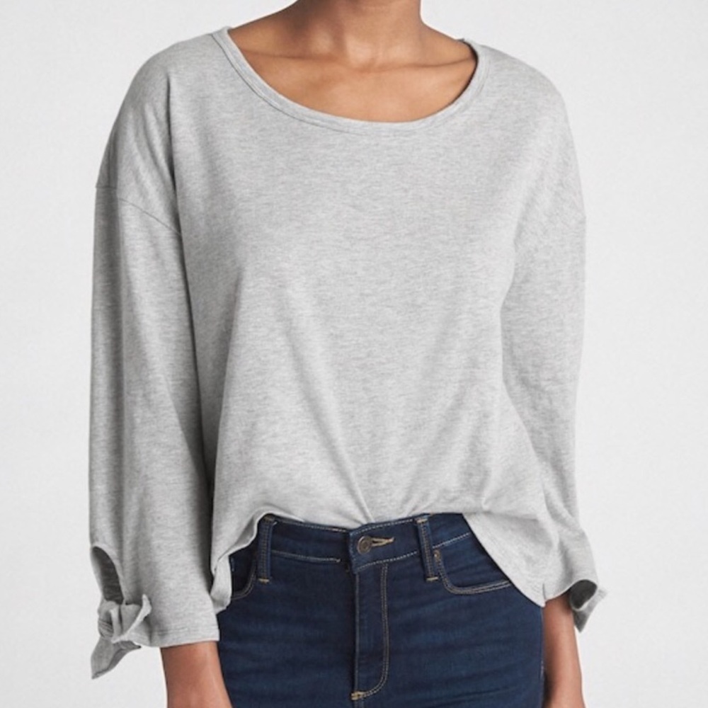 Gap Women M Grey Heather Cotton Slub Relaxed Tie Long Sleeve Scoop Neck Tee NWT